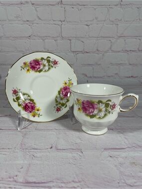 Vintage Ridgway Pottery Queen Anne Floral Footed Teacup and Saucer Set